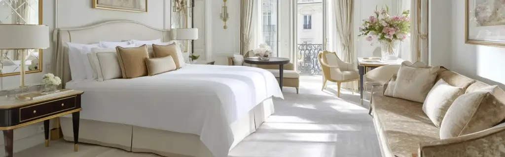 Architecte d'intérieur de luxe Paris 2025 : chambre élégante avec accents dorés, literie blanche et canapé velours.
