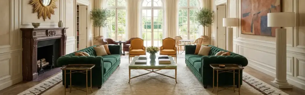 Réalisation haut de gamme pour comprendre le coût architecte d'intérieur : salon de château, velours vert et plafond peint.