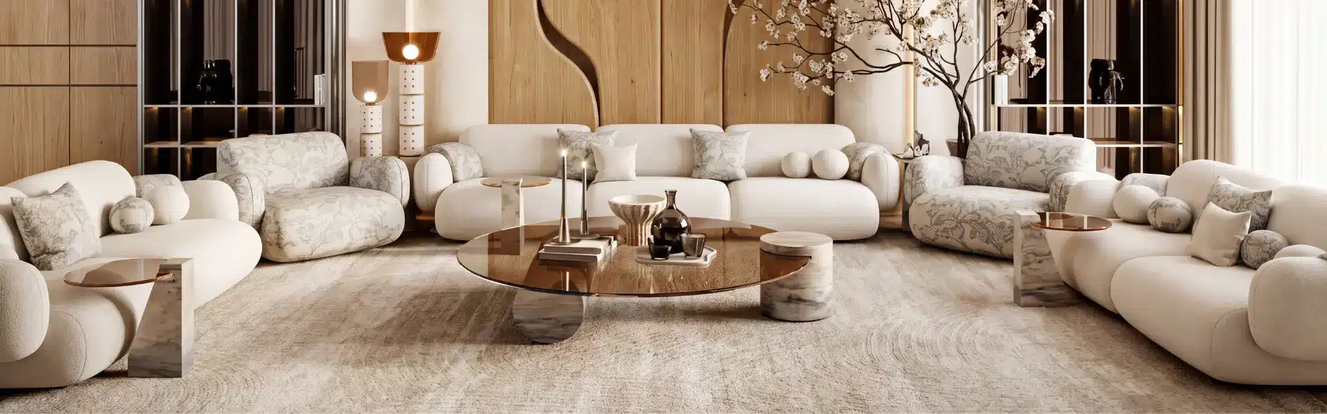 Décoration intérieure haut de gamme : salon crème avec table basse en verre et marbre, et arbre fleuri en décor central.