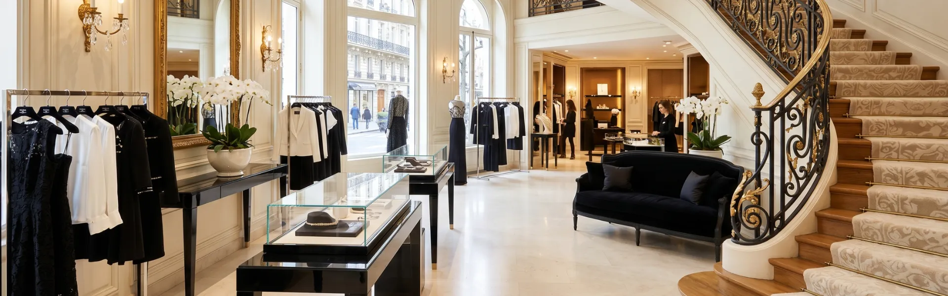 Architecte d'intérieur boutique de luxe : escalier en fer forgé, canapé velours noir et collections haute couture à Paris.