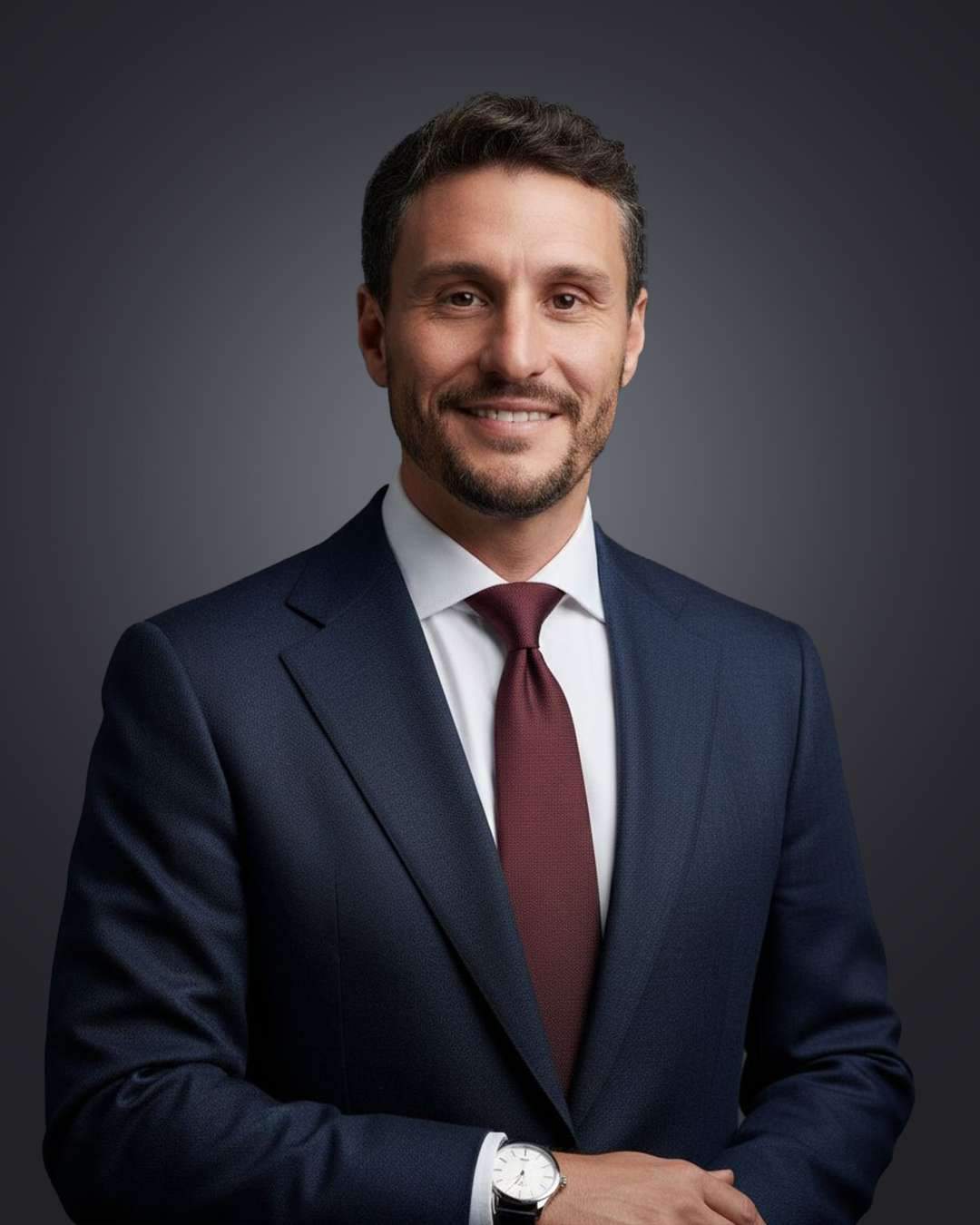 Portrait studio d’un homme en costume bleu et cravate bordeaux, souriant, sur fond gris.
