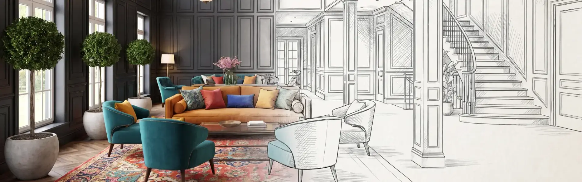 Décorateur d'intérieur : vue divisée d'un salon de luxe entre esquisse architecturale et résultat final coloré et élégant.