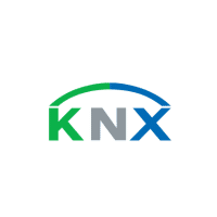 Logo KNX en vert et bleu avec un arc au-dessus des lettres, sur fond blanc.