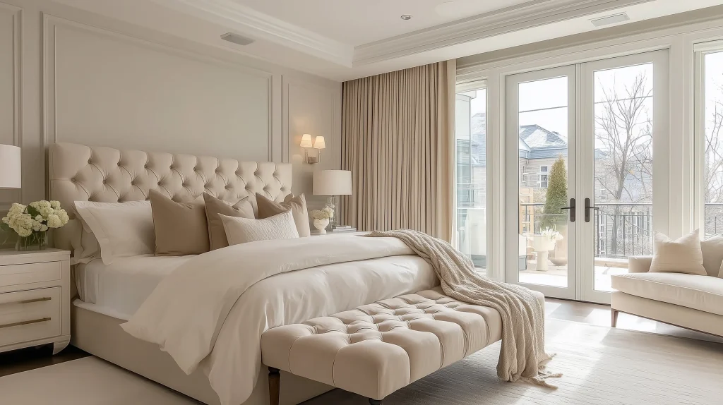 Chambre lumineuse avec lit capitonné, linge blanc, banquette au pied du lit et portes-fenêtres sur balcon.