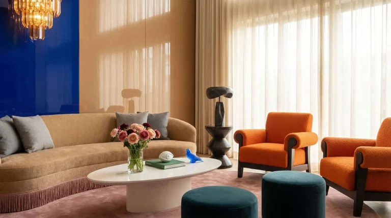 Salon design avec canapé camel à franges, fauteuils orange, poufs velours vert et mur bleu Klein laqué.