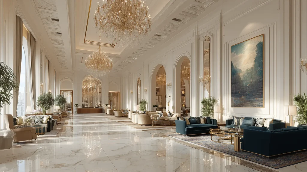 Hall d'entrée d'un palace avec sol en marbre, lustres en cristal dorés, hauts plafonds et mobilier de luxe