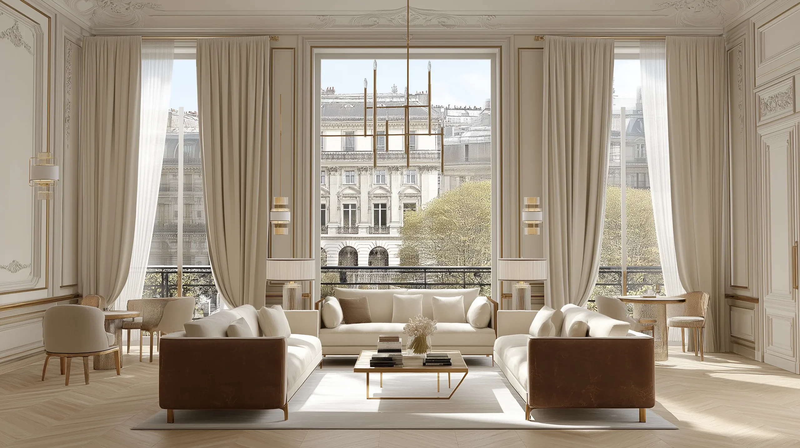 Salon élégant style haussmannien, canapés clairs, moulures, grandes fenêtres et vue sur immeubles parisiens.