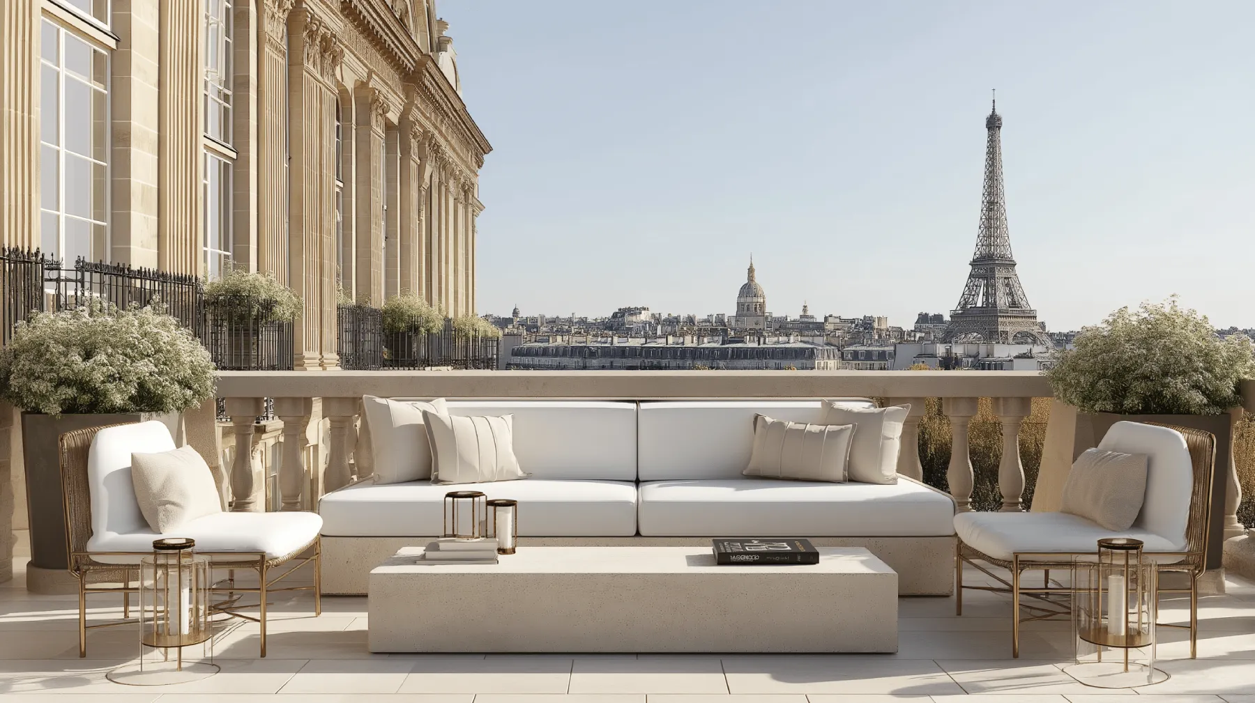 Terrasse rooftop avec salon extérieur blanc et vue panoramique sur Paris et la tour Eiffel.