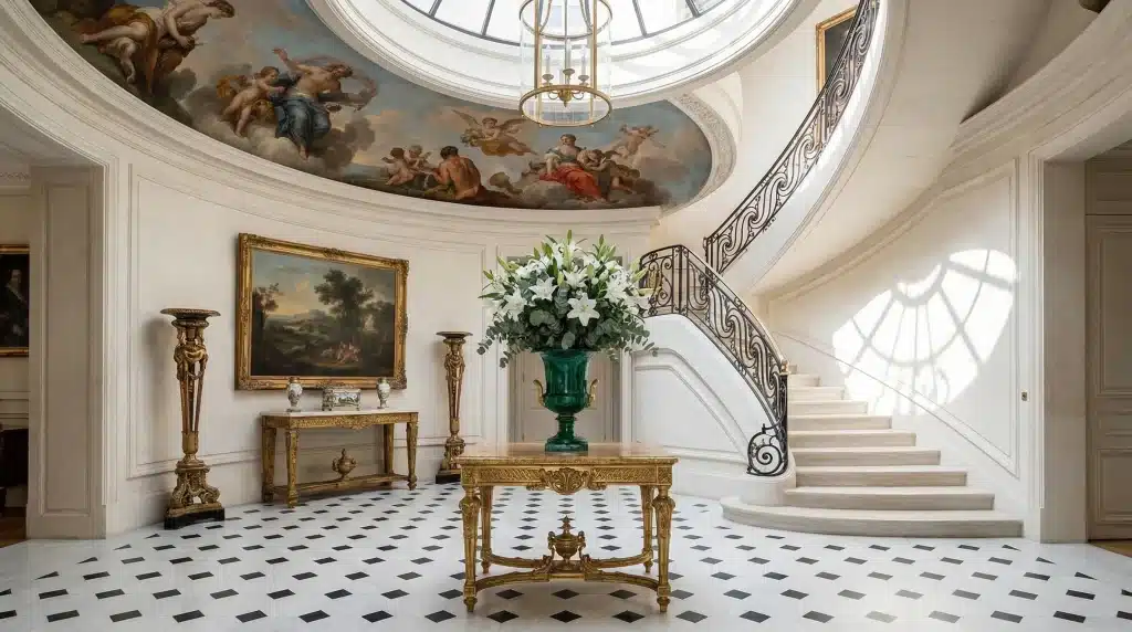 Hall d'entrée conçu par un architecte d'intérieur et décorateur escalier marbre, fresques et lys blancs.