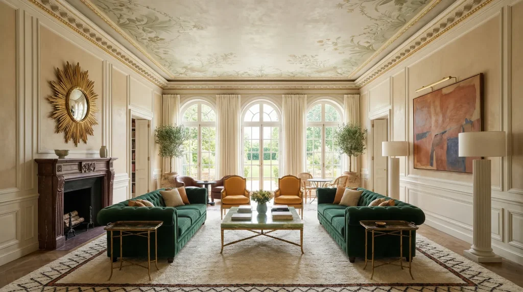 Réalisation haut de gamme pour comprendre le coût architecte d'intérieur : salon de château, velours vert et plafond peint.
