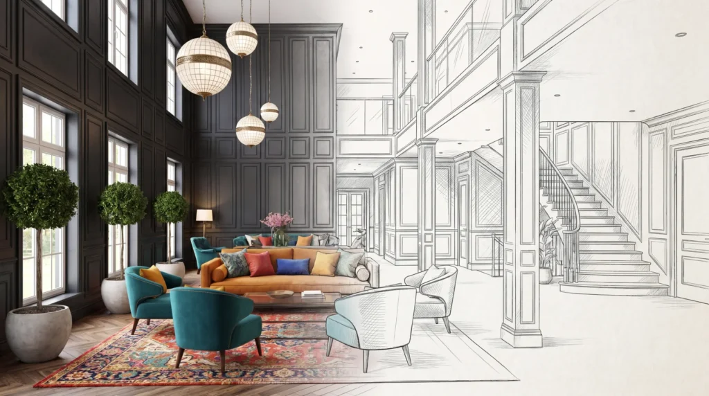 Décorateur d'intérieur : vue divisée d'un salon de luxe entre esquisse architecturale et résultat final coloré et élégant.