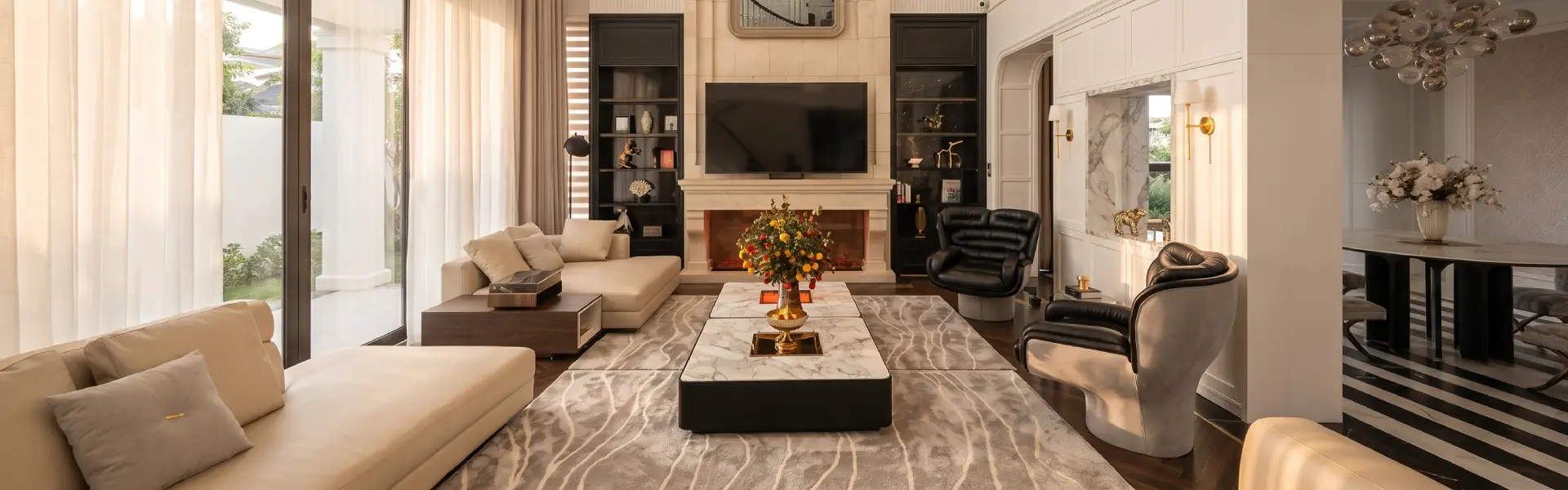 Grand salon élégant en beige et noir — voilà pourquoi faire appel à un architecte d'intérieur change tout