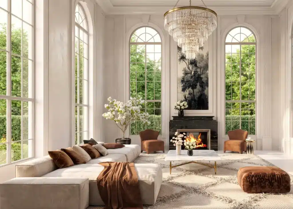 Grand salon classique avec lustre en cristal, cheminée en marbre et fenêtres cintrées sur jardin