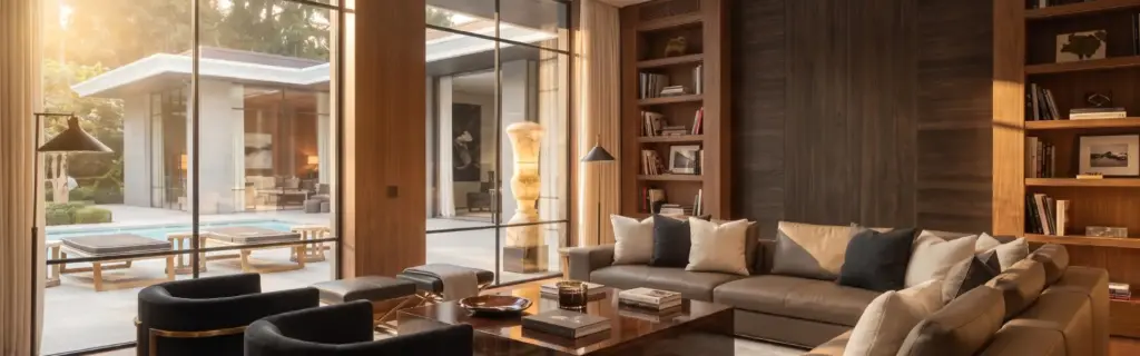 Intérieurs de luxe avec boiseries sombres, bibliothèque intégrée et baies vitrées ouvrant sur une terrasse avec piscine